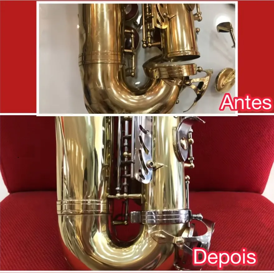 Saxofone antes e depois da reforma geral com banho